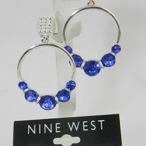 Nine West Blue Crystal Pave Drop Earrings Silver Tone NWT
